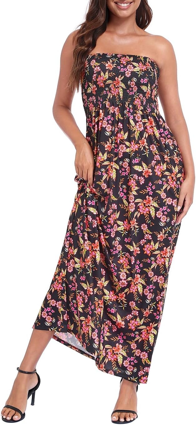image:imageHDE Womens Strapless Maxi Dress Plus Size Summer Sundress Smocked Tube Top Long Skirt Dress Boho Beach Cover UpBlack Boho Floral