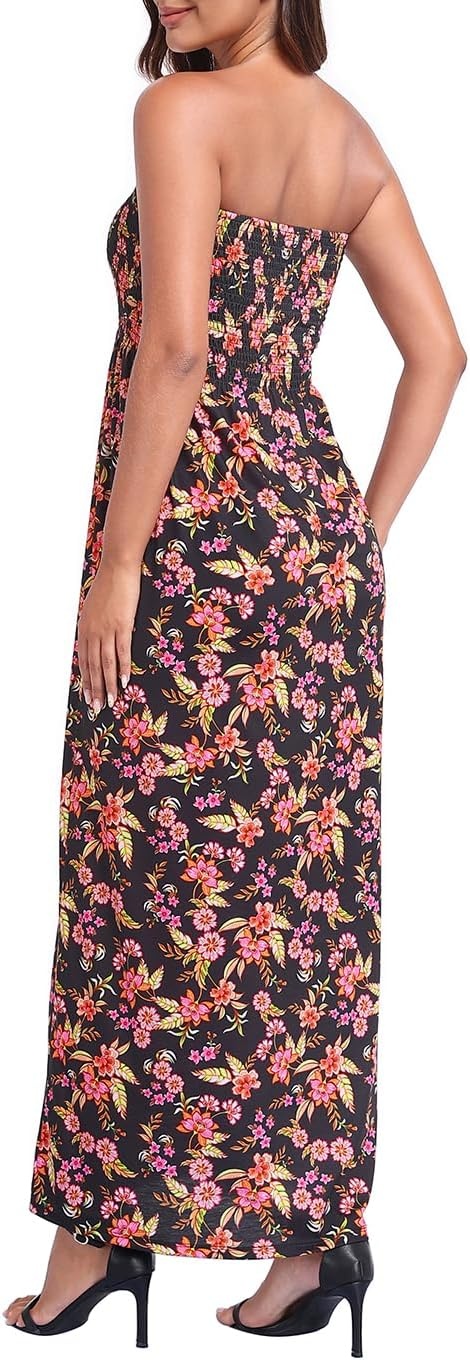 image:imageHDE Womens Strapless Maxi Dress Plus Size Summer Sundress Smocked Tube Top Long Skirt Dress Boho Beach Cover UpBlack Boho Floral