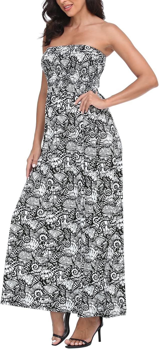 image:imageHDE Womens Strapless Maxi Dress Plus Size Summer Sundress Smocked Tube Top Long Skirt Dress Boho Beach Cover UpBlack Seashells