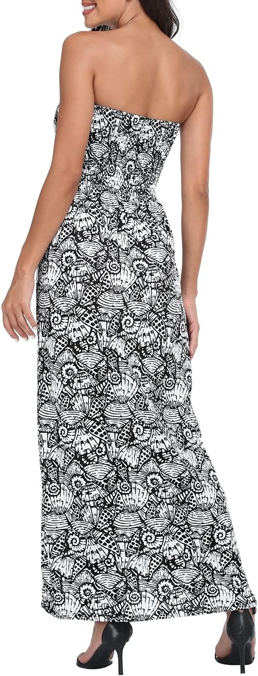 image:imageHDE Womens Strapless Maxi Dress Plus Size Summer Sundress Smocked Tube Top Long Skirt Dress Boho Beach Cover UpBlack Seashells