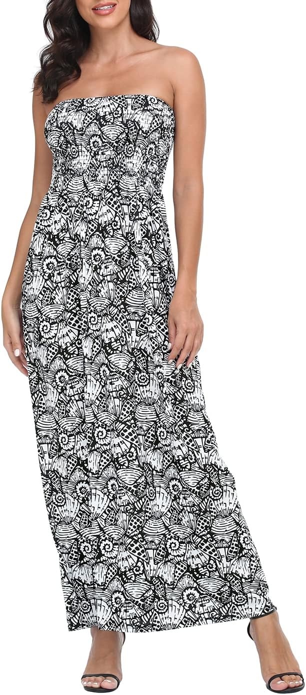 image:imageHDE Womens Strapless Maxi Dress Plus Size Summer Sundress Smocked Tube Top Long Skirt Dress Boho Beach Cover UpBlack Seashells