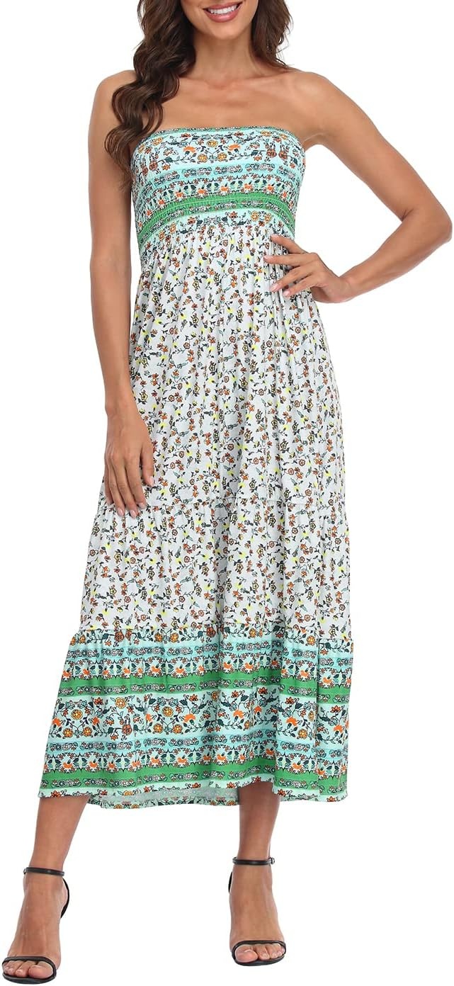 image:imageHDE Womens Strapless Maxi Dress Plus Size Summer Sundress Smocked Tube Top Long Skirt Dress Boho Beach Cover UpBoho Green Floral Ruffle