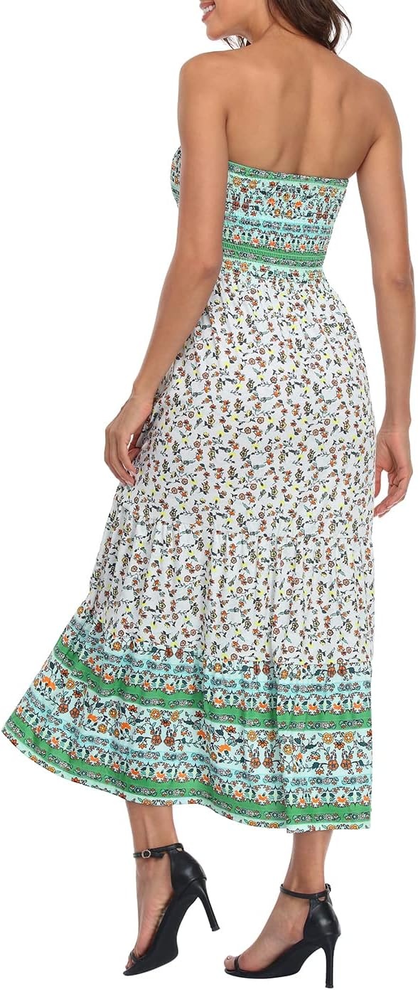 image:imageHDE Womens Strapless Maxi Dress Plus Size Summer Sundress Smocked Tube Top Long Skirt Dress Boho Beach Cover UpBoho Green Floral Ruffle