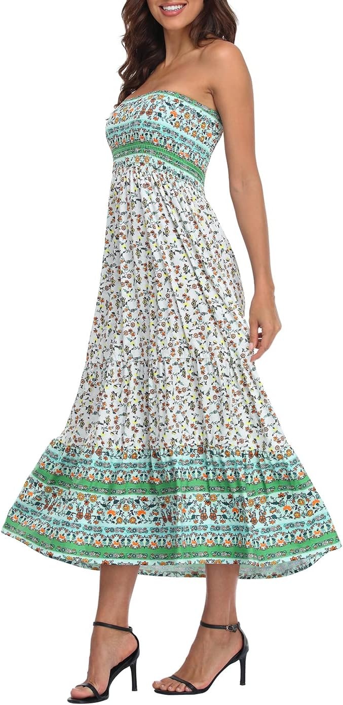 image:imageHDE Womens Strapless Maxi Dress Plus Size Summer Sundress Smocked Tube Top Long Skirt Dress Boho Beach Cover UpBoho Green Floral Ruffle
