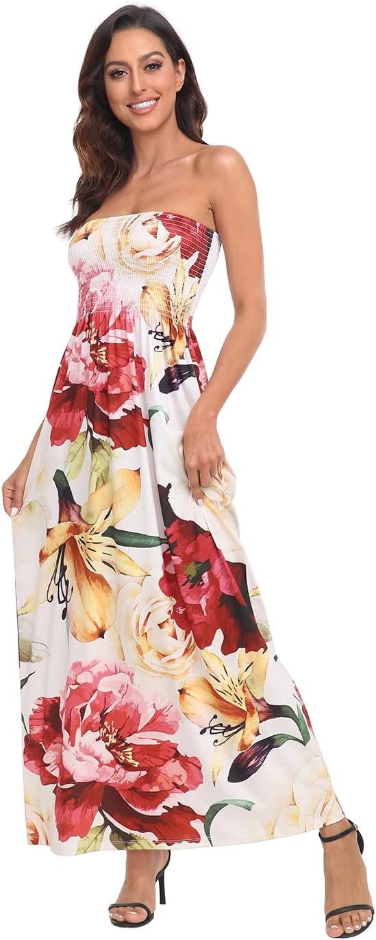 image:imageHDE Womens Strapless Maxi Dress Plus Size Summer Sundress Smocked Tube Top Long Skirt Dress Boho Beach Cover UpCream Floral