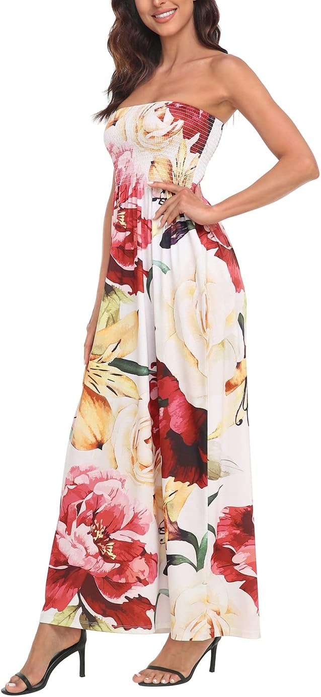 image:imageHDE Womens Strapless Maxi Dress Plus Size Summer Sundress Smocked Tube Top Long Skirt Dress Boho Beach Cover UpCream Floral