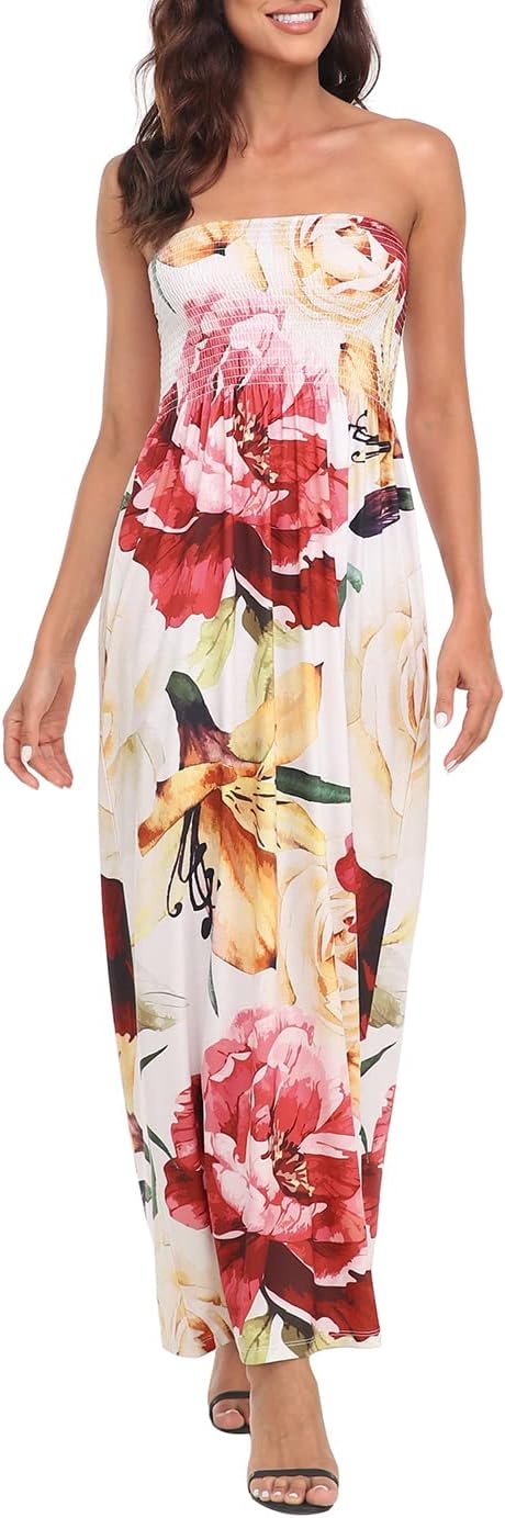 image:imageHDE Womens Strapless Maxi Dress Plus Size Summer Sundress Smocked Tube Top Long Skirt Dress Boho Beach Cover UpCream Floral