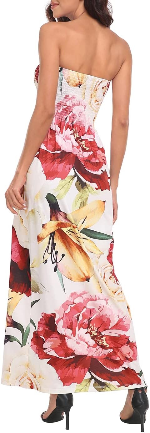 image:imageHDE Womens Strapless Maxi Dress Plus Size Summer Sundress Smocked Tube Top Long Skirt Dress Boho Beach Cover UpCream Floral