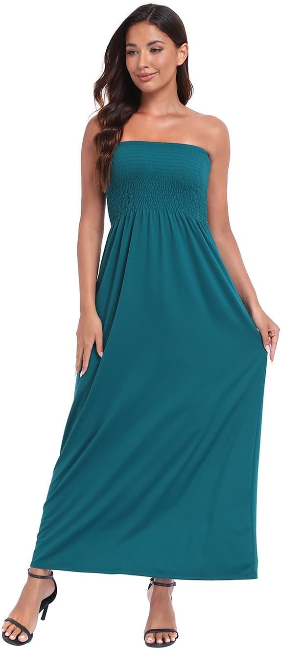 image:imageHDE Womens Strapless Maxi Dress Plus Size Summer Sundress Smocked Tube Top Long Skirt Dress Boho Beach Cover UpDark Teal