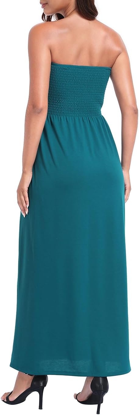 image:imageHDE Womens Strapless Maxi Dress Plus Size Summer Sundress Smocked Tube Top Long Skirt Dress Boho Beach Cover UpDark Teal