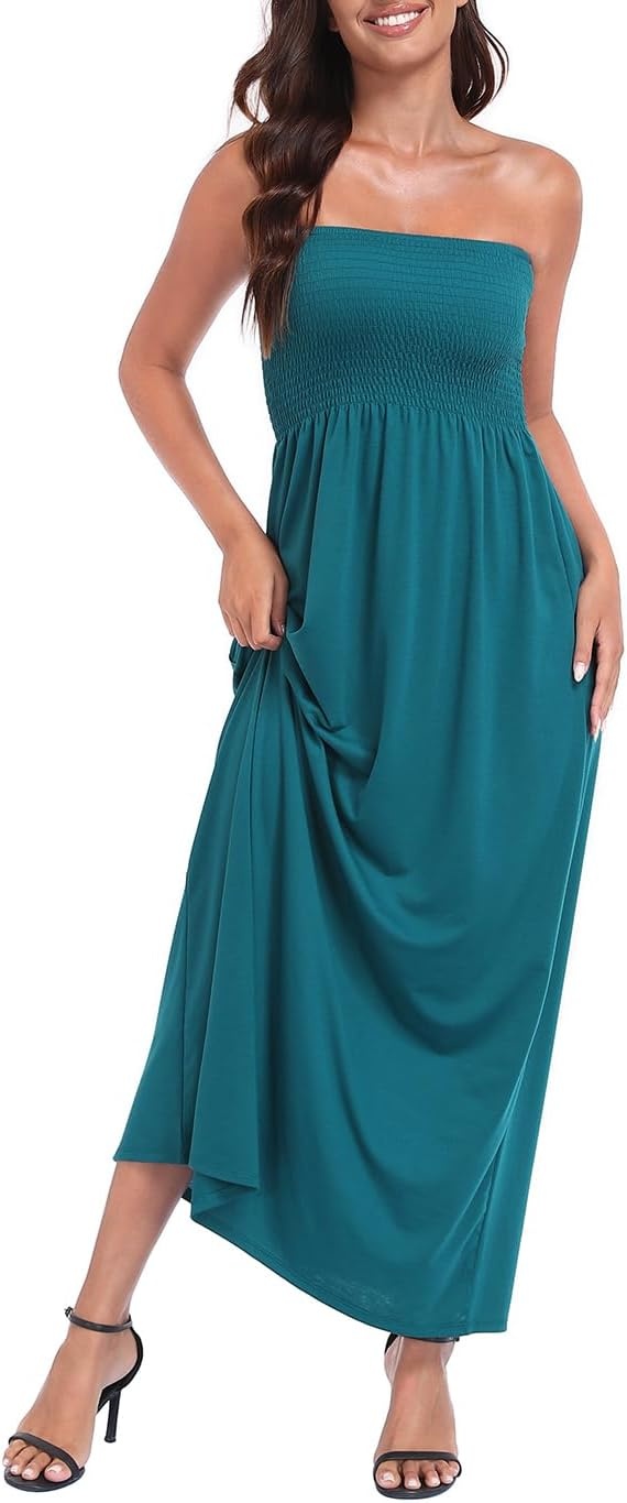 image:imageHDE Womens Strapless Maxi Dress Plus Size Summer Sundress Smocked Tube Top Long Skirt Dress Boho Beach Cover UpDark Teal