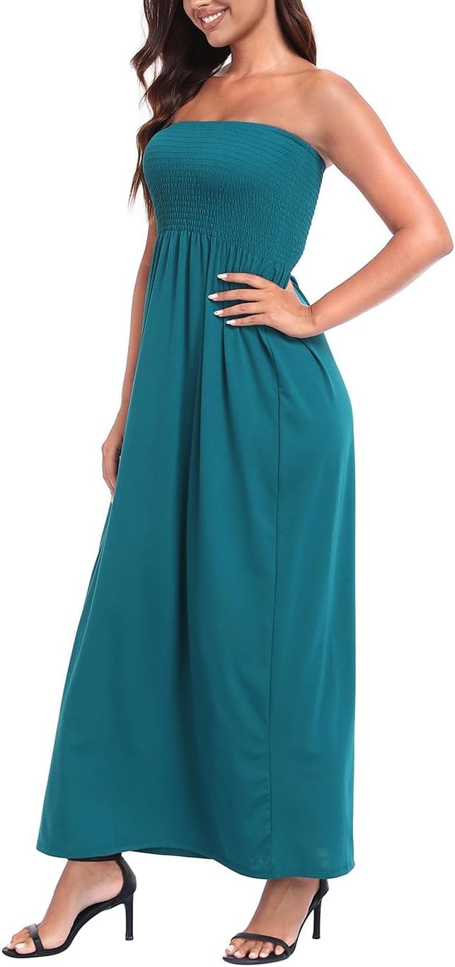 image:imageHDE Womens Strapless Maxi Dress Plus Size Summer Sundress Smocked Tube Top Long Skirt Dress Boho Beach Cover UpDark Teal