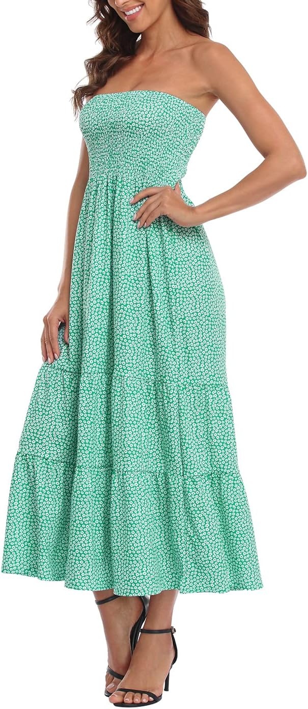 image:imageHDE Womens Strapless Maxi Dress Plus Size Summer Sundress Smocked Tube Top Long Skirt Dress Boho Beach Cover UpDitsy Green Floral Ruffle