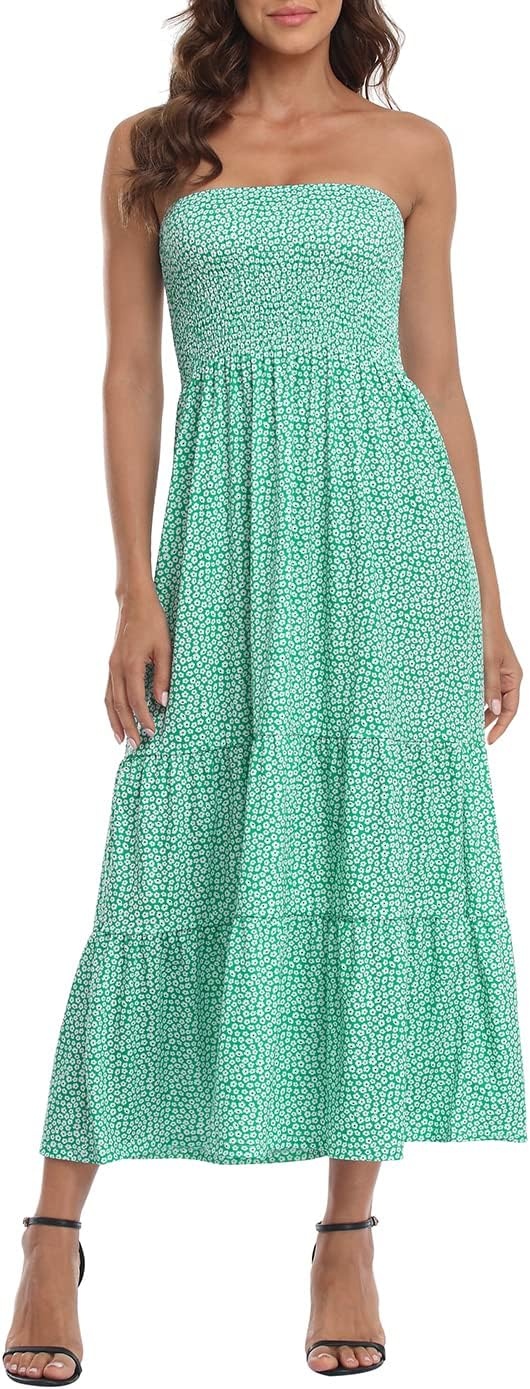 image:imageHDE Womens Strapless Maxi Dress Plus Size Summer Sundress Smocked Tube Top Long Skirt Dress Boho Beach Cover UpDitsy Green Floral Ruffle