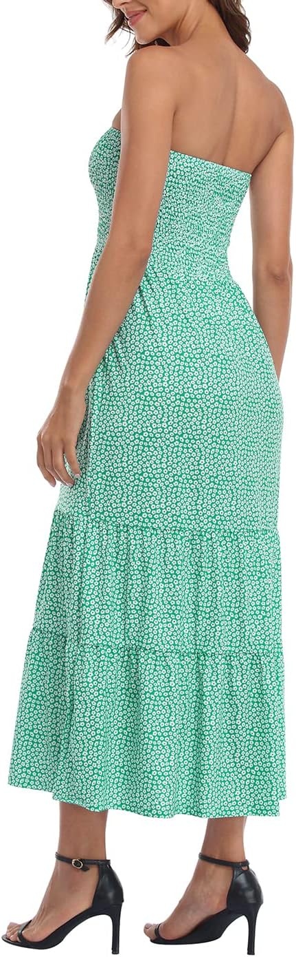 image:imageHDE Womens Strapless Maxi Dress Plus Size Summer Sundress Smocked Tube Top Long Skirt Dress Boho Beach Cover UpDitsy Green Floral Ruffle