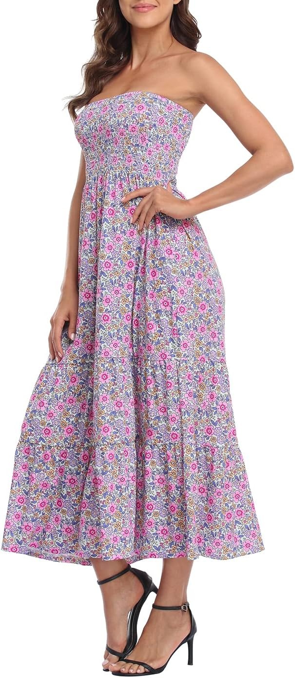 image:imageHDE Womens Strapless Maxi Dress Plus Size Summer Sundress Smocked Tube Top Long Skirt Dress Boho Beach Cover UpGarden Floral Ruffle