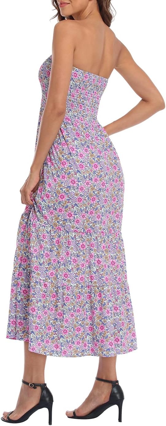 image:imageHDE Womens Strapless Maxi Dress Plus Size Summer Sundress Smocked Tube Top Long Skirt Dress Boho Beach Cover UpGarden Floral Ruffle