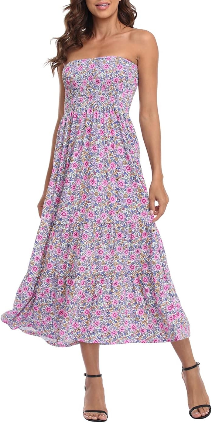 image:imageHDE Womens Strapless Maxi Dress Plus Size Summer Sundress Smocked Tube Top Long Skirt Dress Boho Beach Cover UpGarden Floral Ruffle