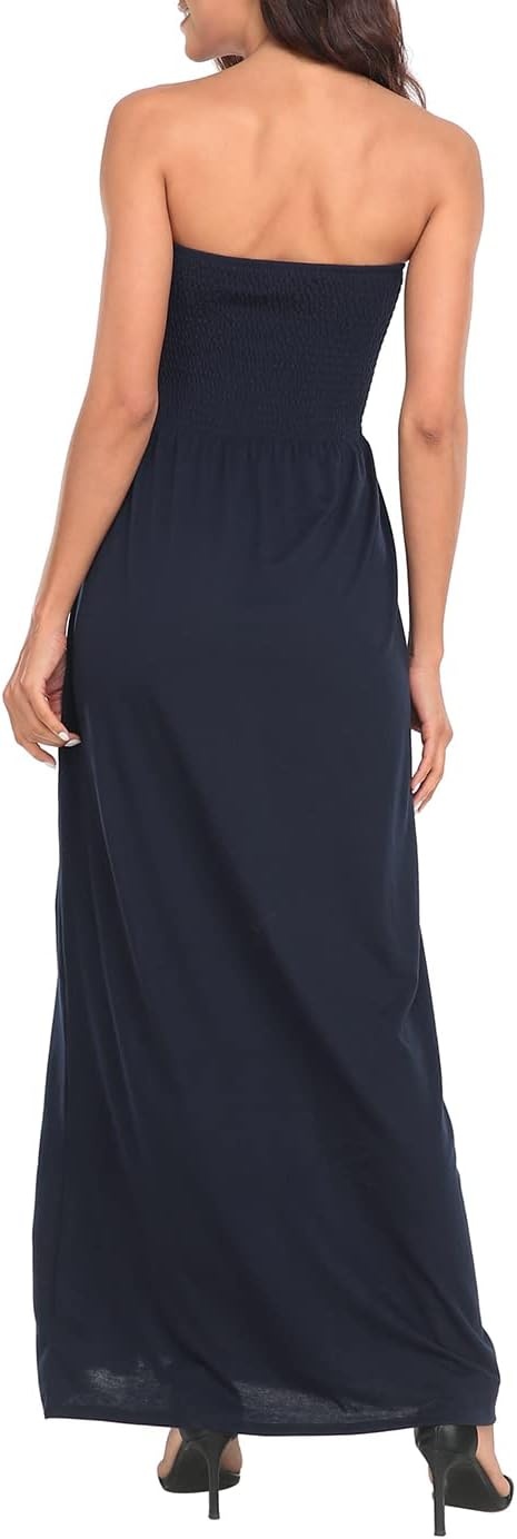 image:imageHDE Womens Strapless Maxi Dress Plus Size Summer Sundress Smocked Tube Top Long Skirt Dress Boho Beach Cover UpNavy