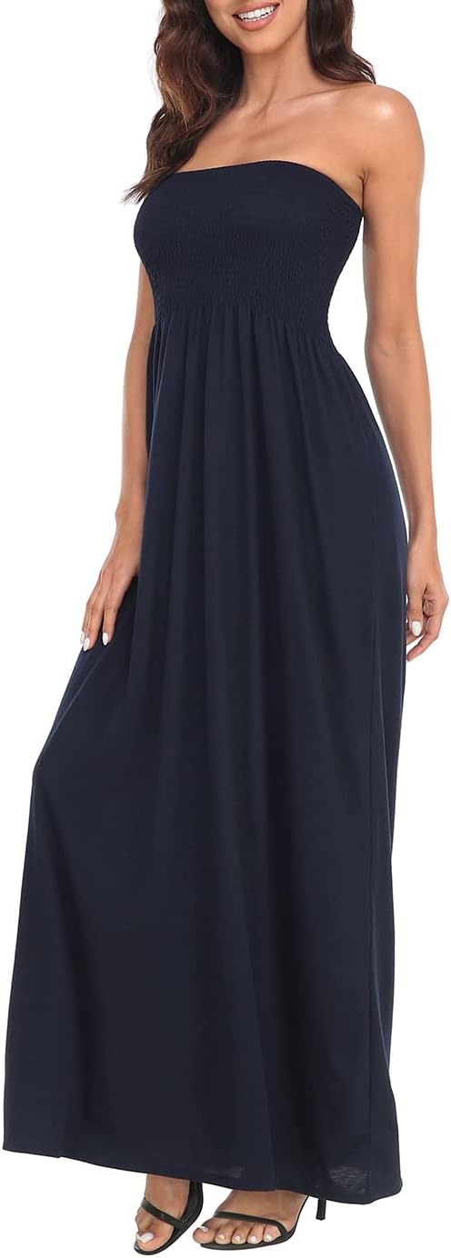 image:imageHDE Womens Strapless Maxi Dress Plus Size Summer Sundress Smocked Tube Top Long Skirt Dress Boho Beach Cover UpNavy