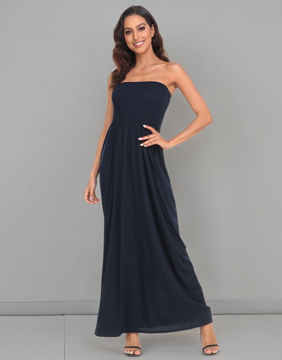 image:imageHDE Womens Strapless Maxi Dress Plus Size Summer Sundress Smocked Tube Top Long Skirt Dress Boho Beach Cover UpNavy