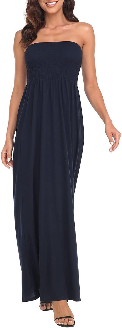 image:imageHDE Womens Strapless Maxi Dress Plus Size Summer Sundress Smocked Tube Top Long Skirt Dress Boho Beach Cover UpNavy
