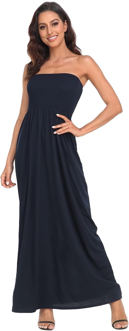 image:imageHDE Womens Strapless Maxi Dress Plus Size Summer Sundress Smocked Tube Top Long Skirt Dress Boho Beach Cover UpNavy