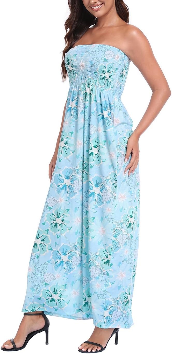 image:imageHDE Womens Strapless Maxi Dress Plus Size Summer Sundress Smocked Tube Top Long Skirt Dress Boho Beach Cover UpOcean Bloom
