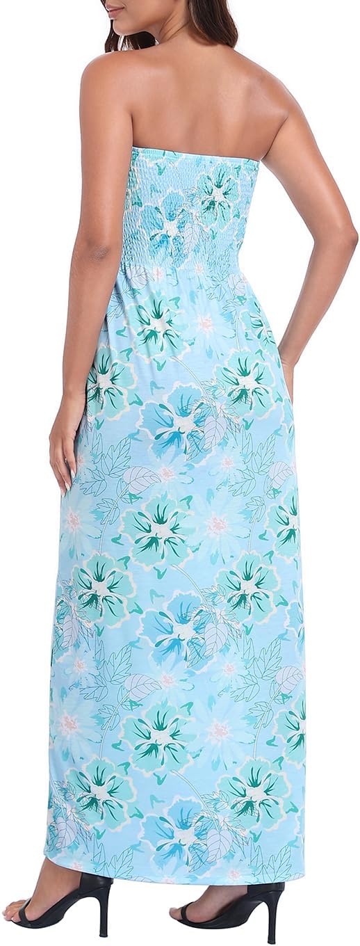 image:imageHDE Womens Strapless Maxi Dress Plus Size Summer Sundress Smocked Tube Top Long Skirt Dress Boho Beach Cover UpOcean Bloom