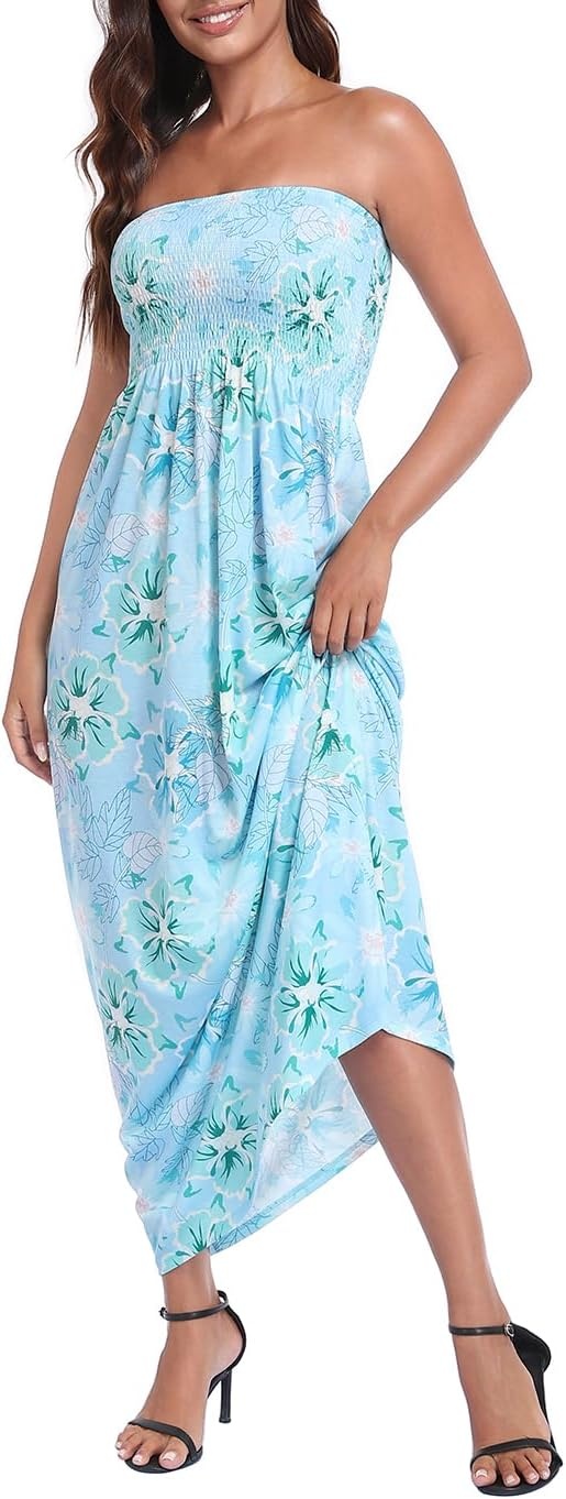 image:imageHDE Womens Strapless Maxi Dress Plus Size Summer Sundress Smocked Tube Top Long Skirt Dress Boho Beach Cover UpOcean Bloom