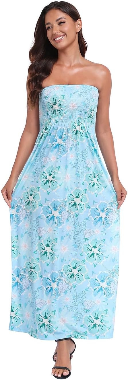 image:imageHDE Womens Strapless Maxi Dress Plus Size Summer Sundress Smocked Tube Top Long Skirt Dress Boho Beach Cover UpOcean Bloom