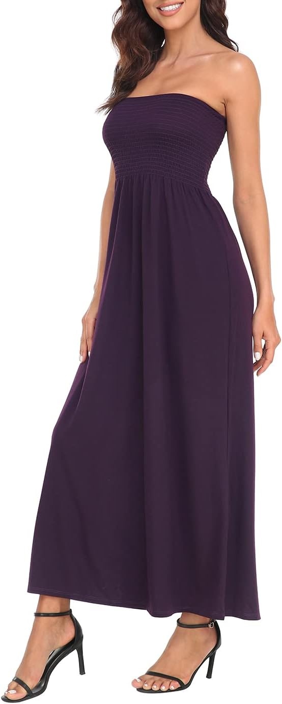 image:imageHDE Womens Strapless Maxi Dress Plus Size Summer Sundress Smocked Tube Top Long Skirt Dress Boho Beach Cover UpPurple