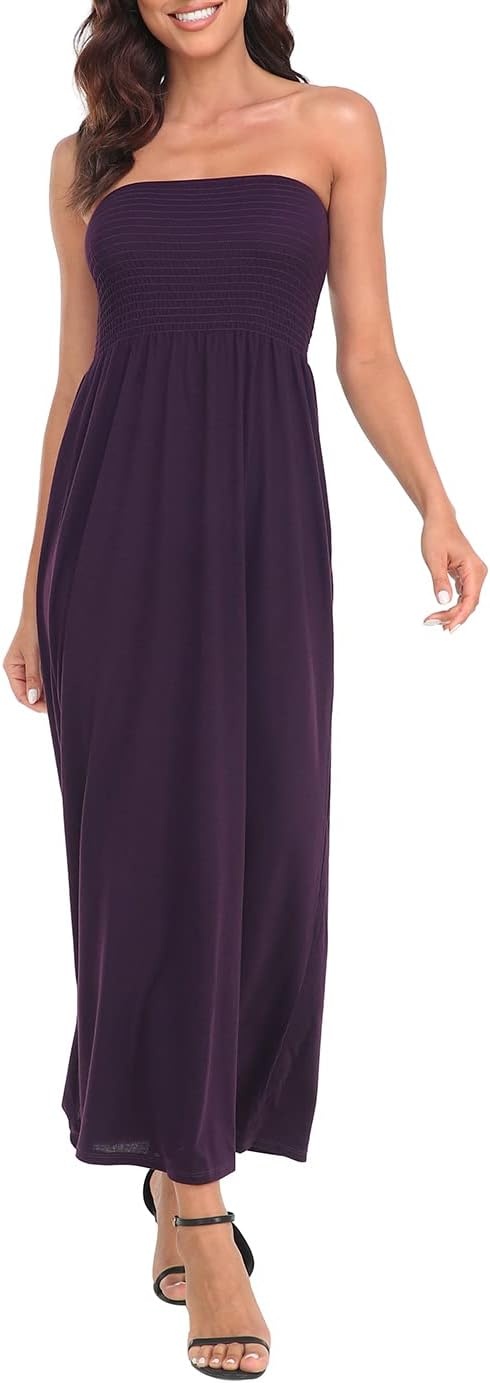 image:imageHDE Womens Strapless Maxi Dress Plus Size Summer Sundress Smocked Tube Top Long Skirt Dress Boho Beach Cover UpPurple