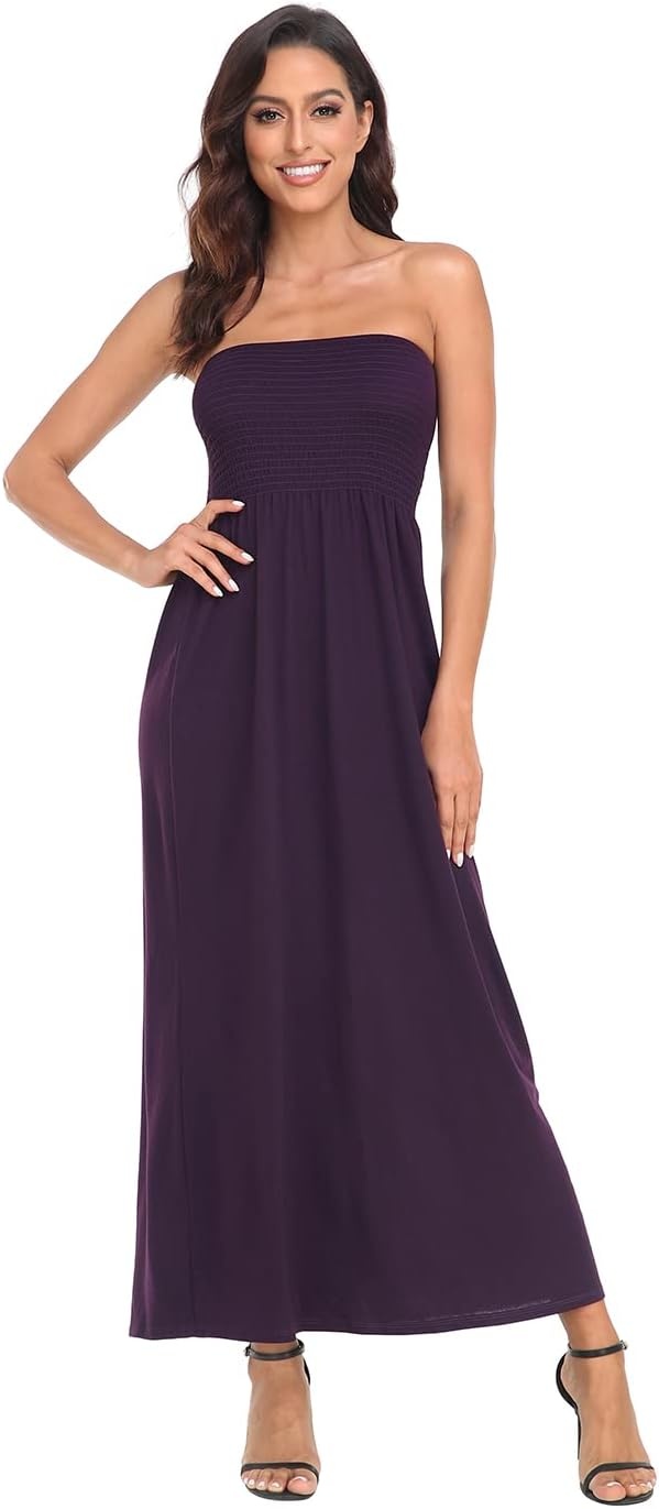 image:imageHDE Womens Strapless Maxi Dress Plus Size Summer Sundress Smocked Tube Top Long Skirt Dress Boho Beach Cover UpPurple