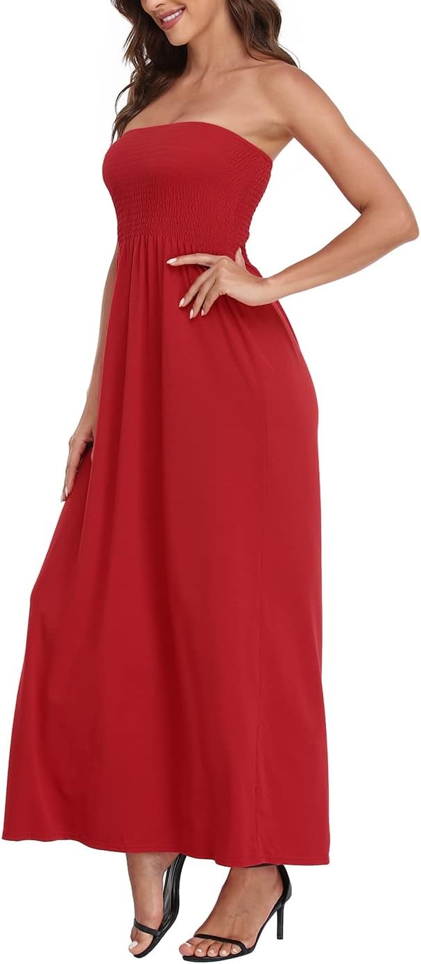 image:imageHDE Womens Strapless Maxi Dress Plus Size Summer Sundress Smocked Tube Top Long Skirt Dress Boho Beach Cover UpRed