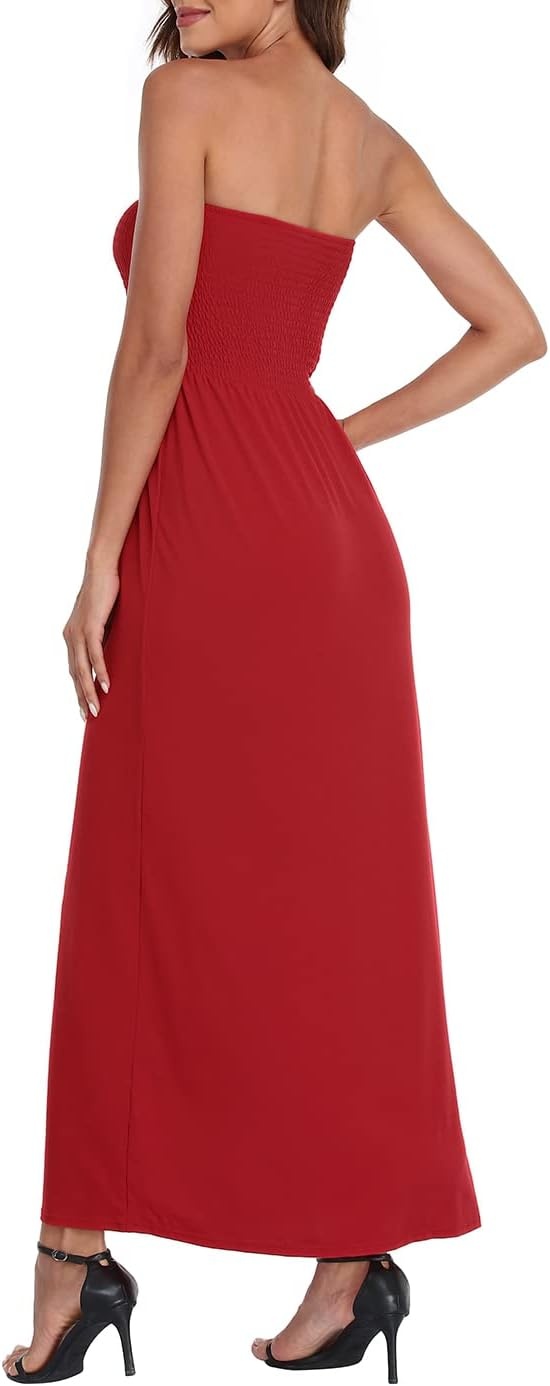 image:imageHDE Womens Strapless Maxi Dress Plus Size Summer Sundress Smocked Tube Top Long Skirt Dress Boho Beach Cover UpRed