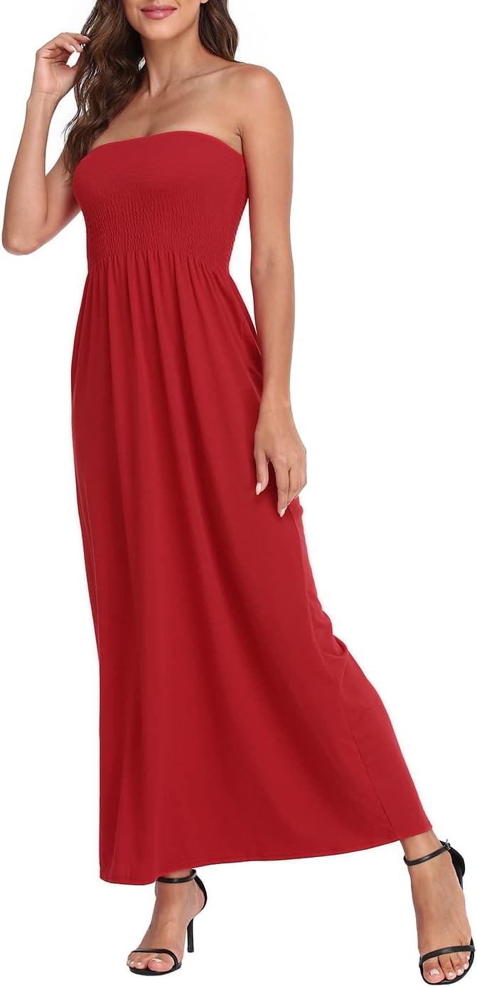 image:imageHDE Womens Strapless Maxi Dress Plus Size Summer Sundress Smocked Tube Top Long Skirt Dress Boho Beach Cover UpRed