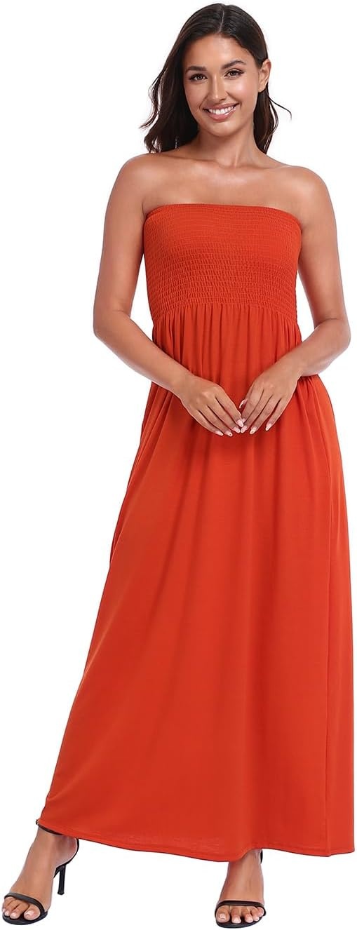 image:imageHDE Womens Strapless Maxi Dress Plus Size Summer Sundress Smocked Tube Top Long Skirt Dress Boho Beach Cover UpSpicy Orange
