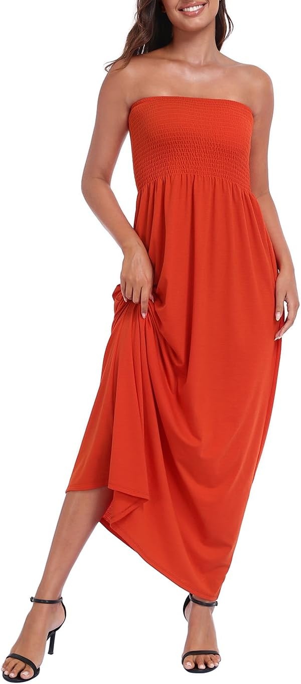 image:imageHDE Womens Strapless Maxi Dress Plus Size Summer Sundress Smocked Tube Top Long Skirt Dress Boho Beach Cover UpSpicy Orange