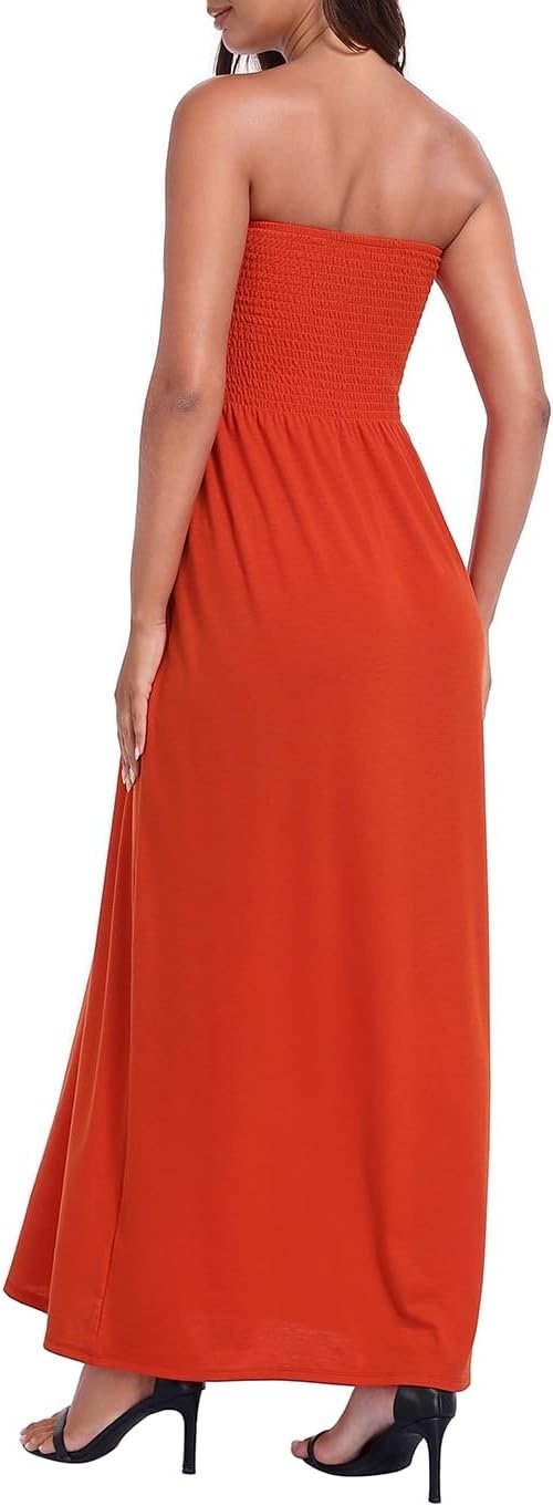 image:imageHDE Womens Strapless Maxi Dress Plus Size Summer Sundress Smocked Tube Top Long Skirt Dress Boho Beach Cover UpSpicy Orange