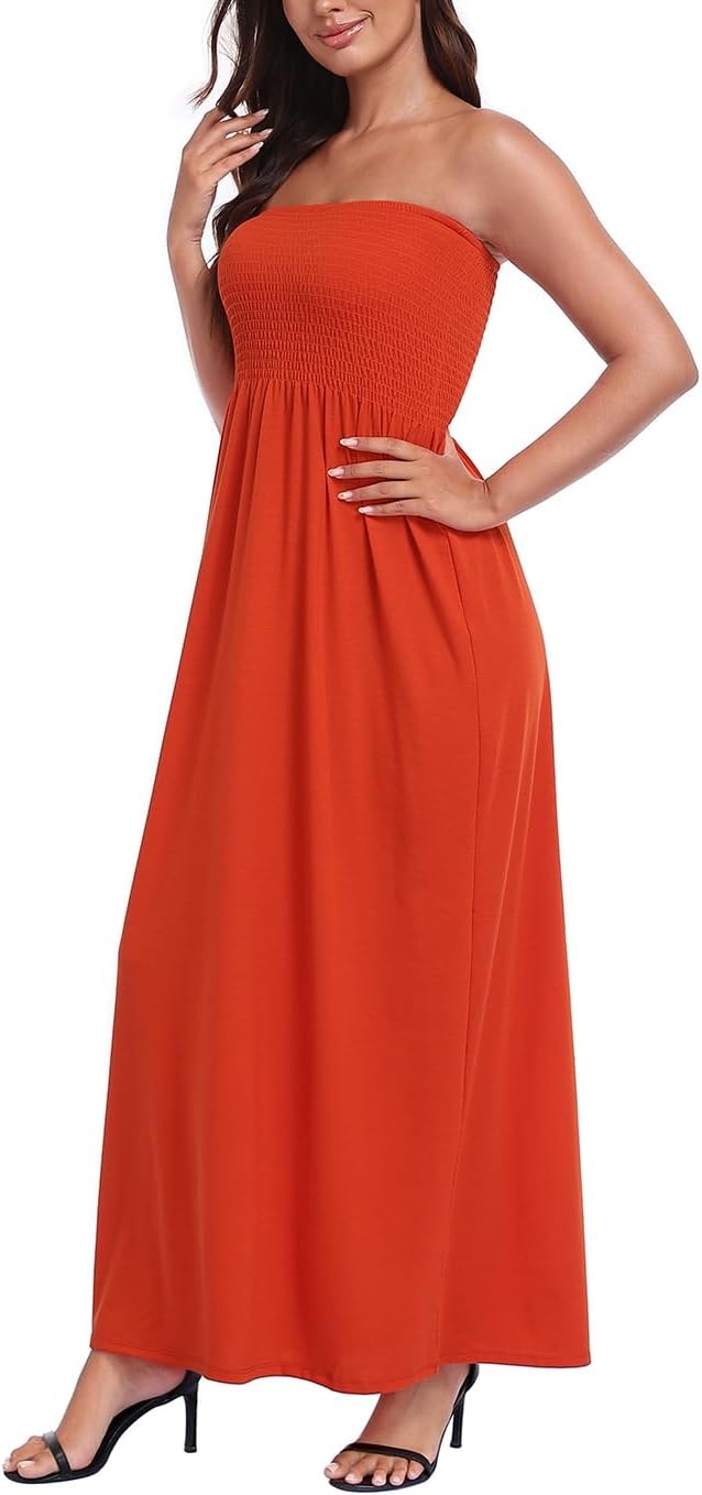 image:imageHDE Womens Strapless Maxi Dress Plus Size Summer Sundress Smocked Tube Top Long Skirt Dress Boho Beach Cover UpSpicy Orange
