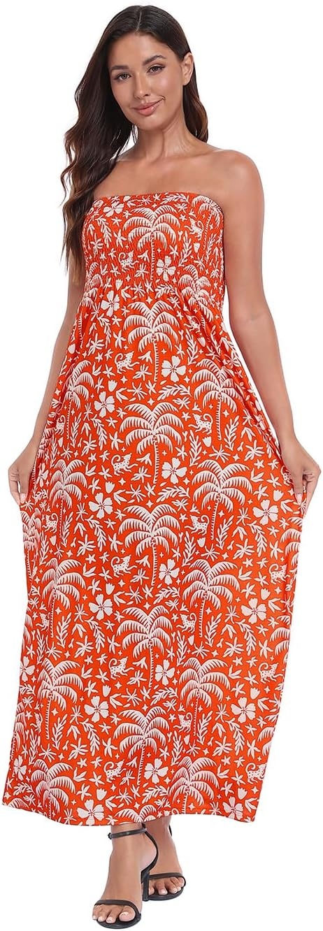 image:imageHDE Womens Strapless Maxi Dress Plus Size Summer Sundress Smocked Tube Top Long Skirt Dress Boho Beach Cover UpSpicy Orange Tropics