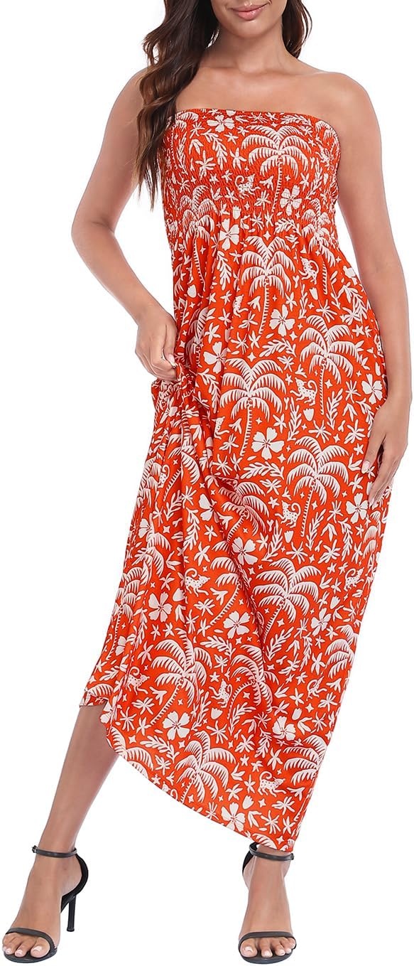 image:imageHDE Womens Strapless Maxi Dress Plus Size Summer Sundress Smocked Tube Top Long Skirt Dress Boho Beach Cover UpSpicy Orange Tropics