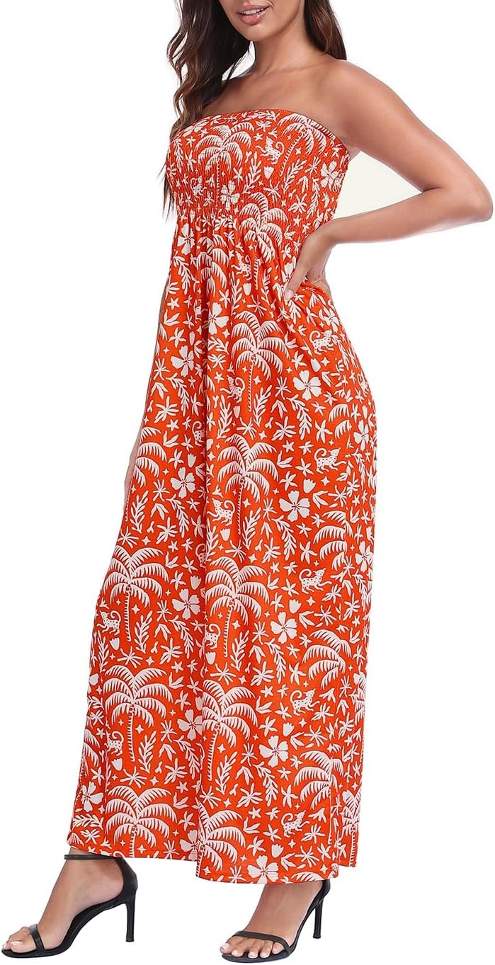 image:imageHDE Womens Strapless Maxi Dress Plus Size Summer Sundress Smocked Tube Top Long Skirt Dress Boho Beach Cover UpSpicy Orange Tropics