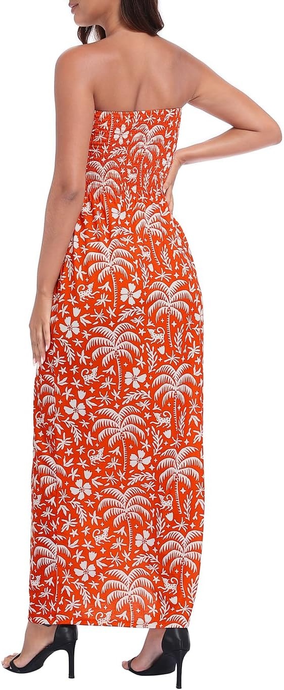 image:imageHDE Womens Strapless Maxi Dress Plus Size Summer Sundress Smocked Tube Top Long Skirt Dress Boho Beach Cover UpSpicy Orange Tropics