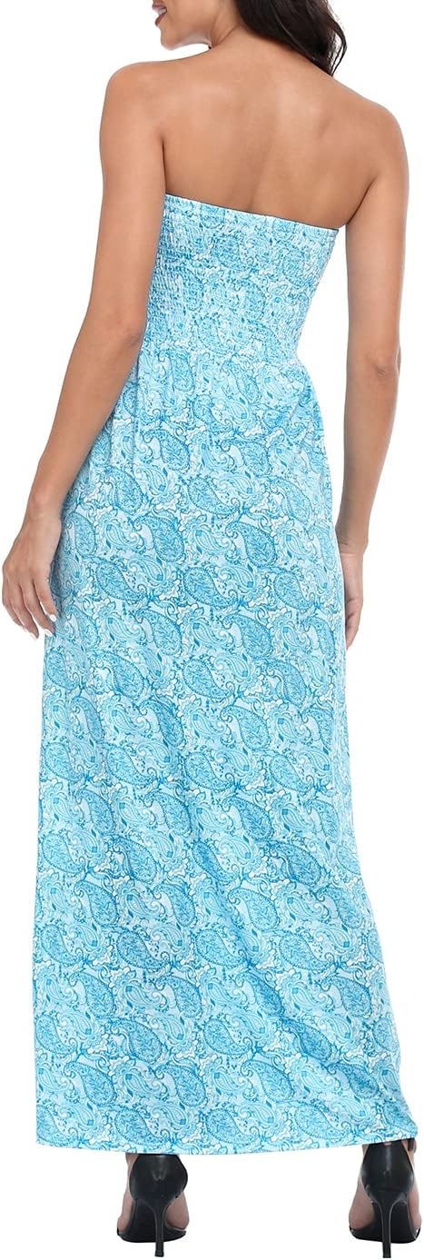 image:imageHDE Womens Strapless Maxi Dress Plus Size Summer Sundress Smocked Tube Top Long Skirt Dress Boho Beach Cover UpTeal Paisley
