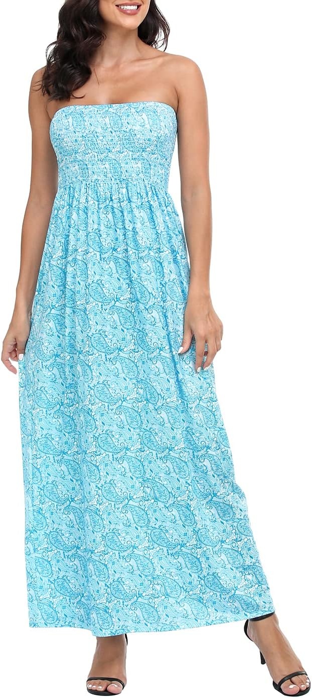 image:imageHDE Womens Strapless Maxi Dress Plus Size Summer Sundress Smocked Tube Top Long Skirt Dress Boho Beach Cover UpTeal Paisley