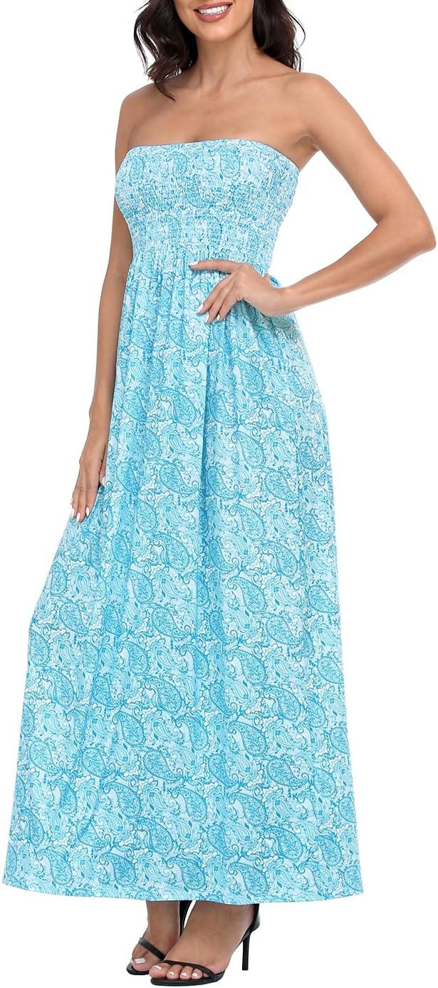 image:imageHDE Womens Strapless Maxi Dress Plus Size Summer Sundress Smocked Tube Top Long Skirt Dress Boho Beach Cover UpTeal Paisley