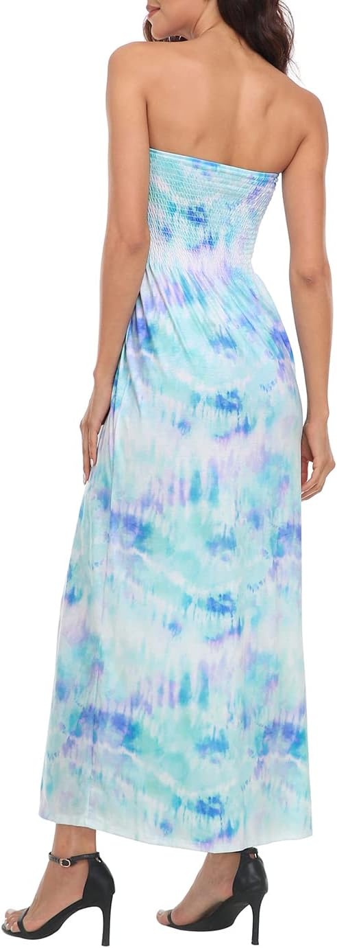 image:imageHDE Womens Strapless Maxi Dress Plus Size Summer Sundress Smocked Tube Top Long Skirt Dress Boho Beach Cover UpTie Dye