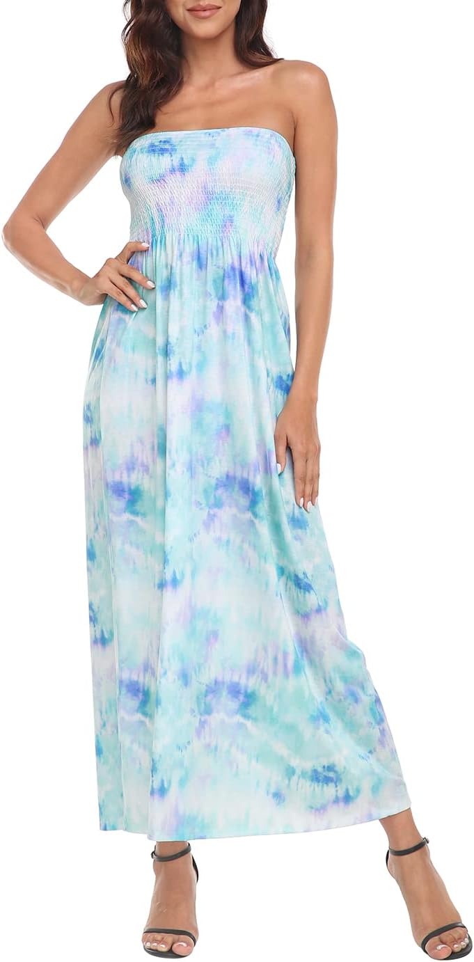image:imageHDE Womens Strapless Maxi Dress Plus Size Summer Sundress Smocked Tube Top Long Skirt Dress Boho Beach Cover UpTie Dye
